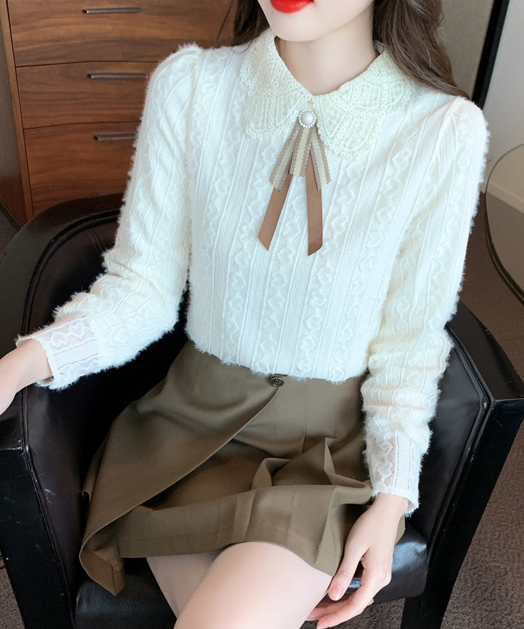 Pearl Ribbon Doll-Collar Chiffon Blouse