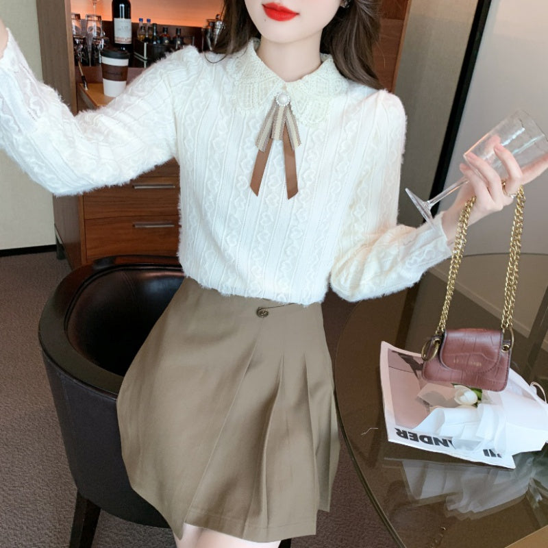Pearl Ribbon Doll-Collar Chiffon Blouse