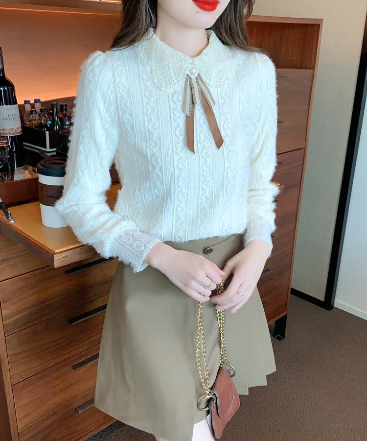 Pearl Ribbon Doll-Collar Chiffon Blouse