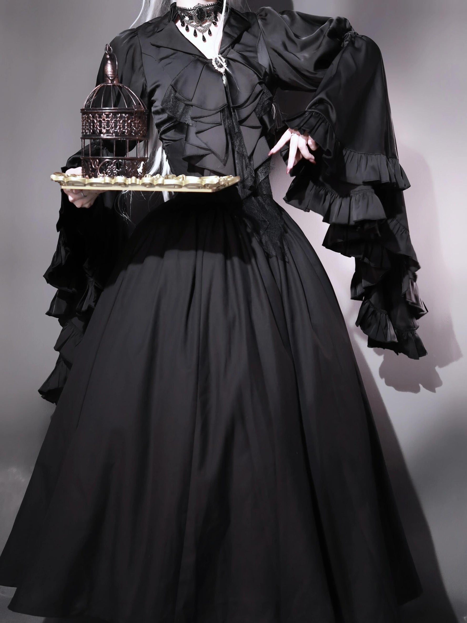 Lolita Dress Draped Gothic Black with Detachable Jabot & Petticoat with Hoops