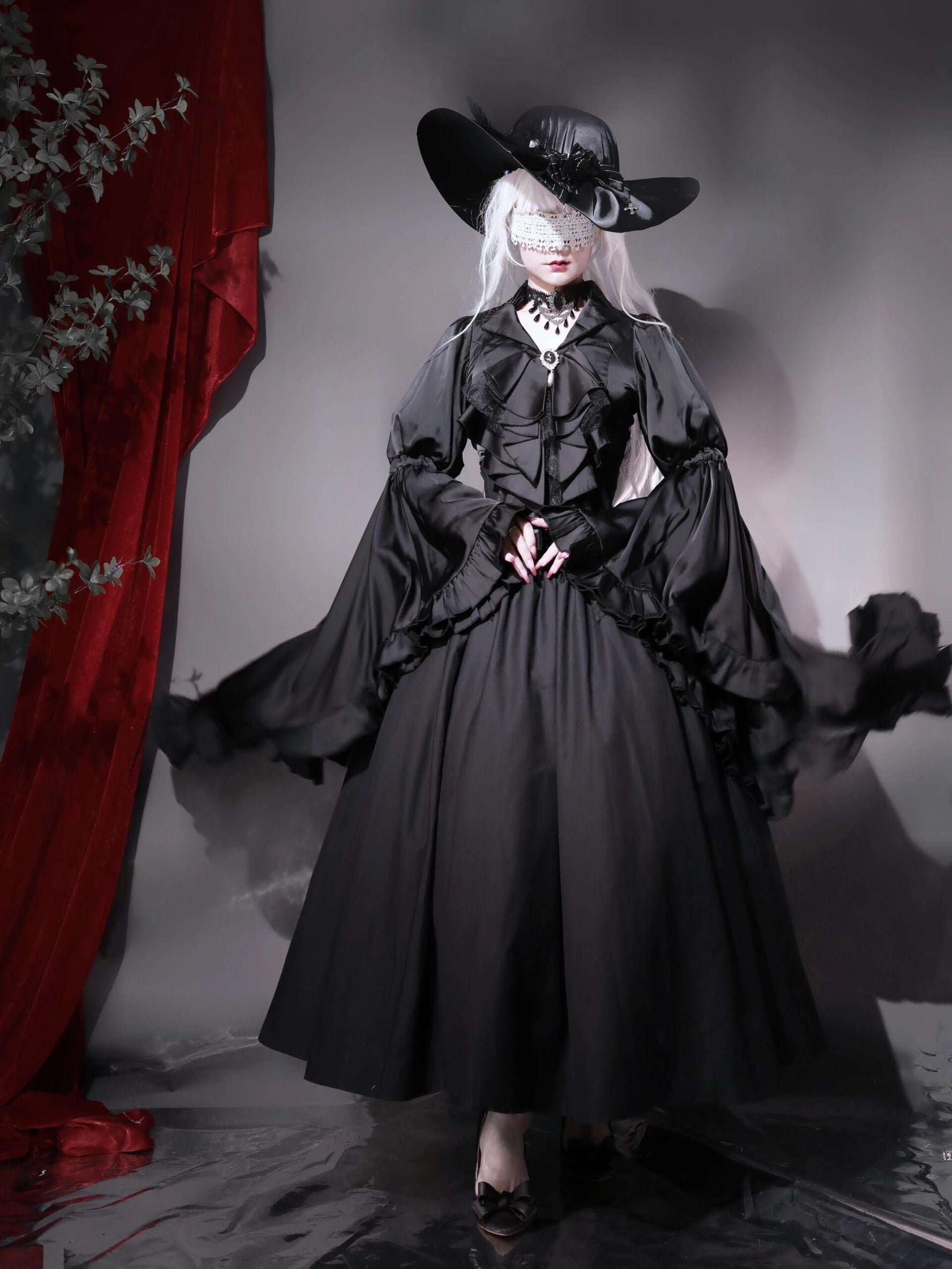Lolita Dress Draped Gothic Black with Detachable Jabot & Petticoat with Hoops