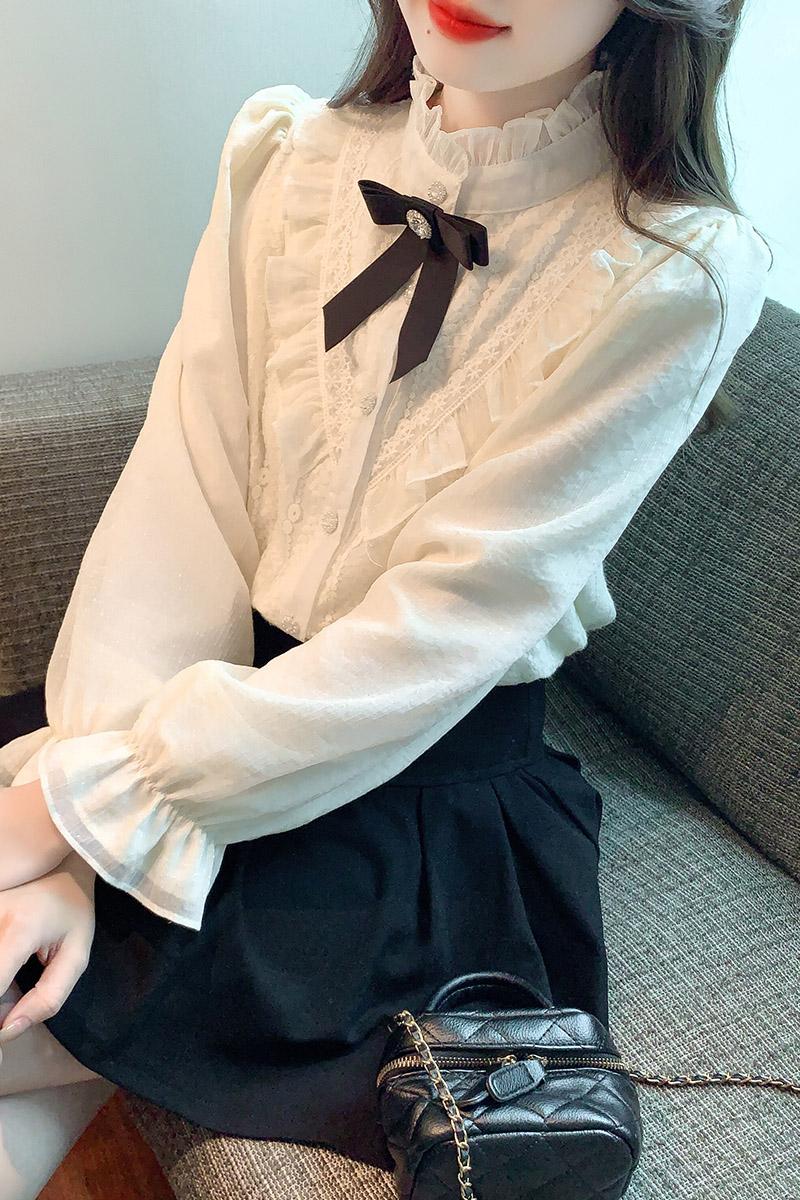 Victorian Ruffle Lace Blouse with Black Bow